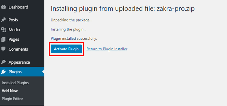 Activate Zakra Pro Plugin