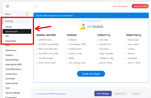 setting-advertisement while setting AMP in WordPress 